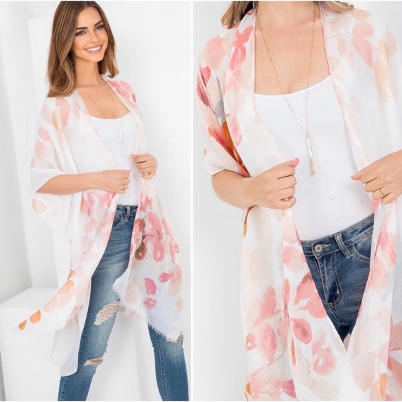 1 LEFT! Peach and Pink Summer Beach Kimono Swim Cover Vacation Kimono - Picture 2 of 3